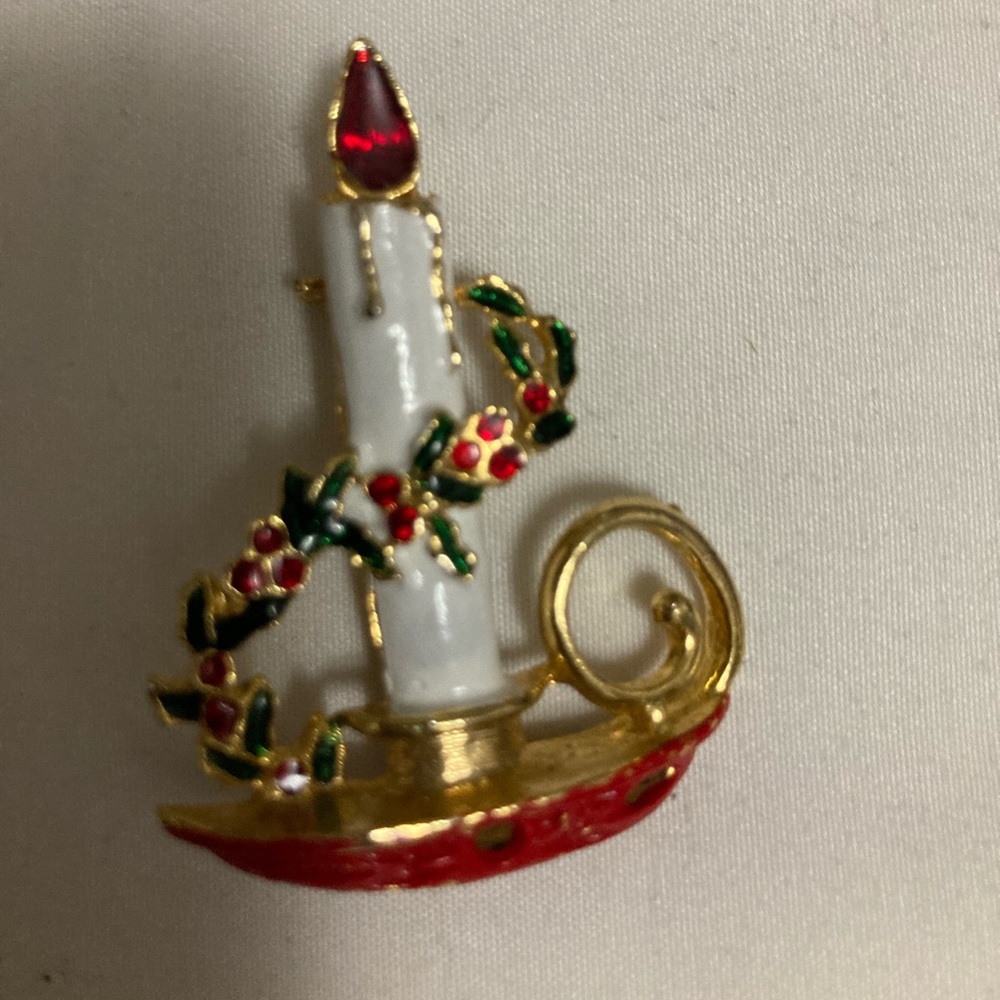 Festive Candle Brooch with Holly Accents